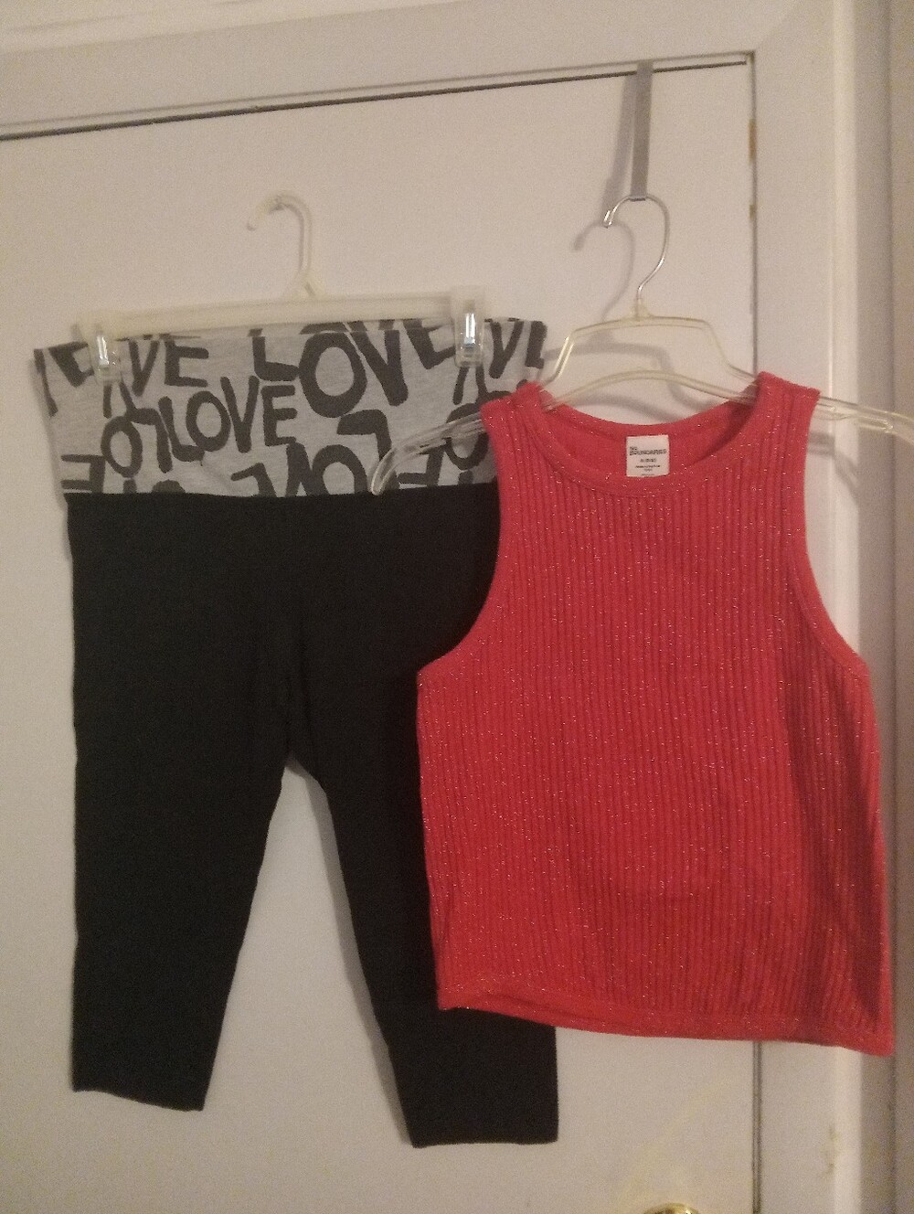 Glitter Red Ribbed Tank Top with Black Capri Leggings